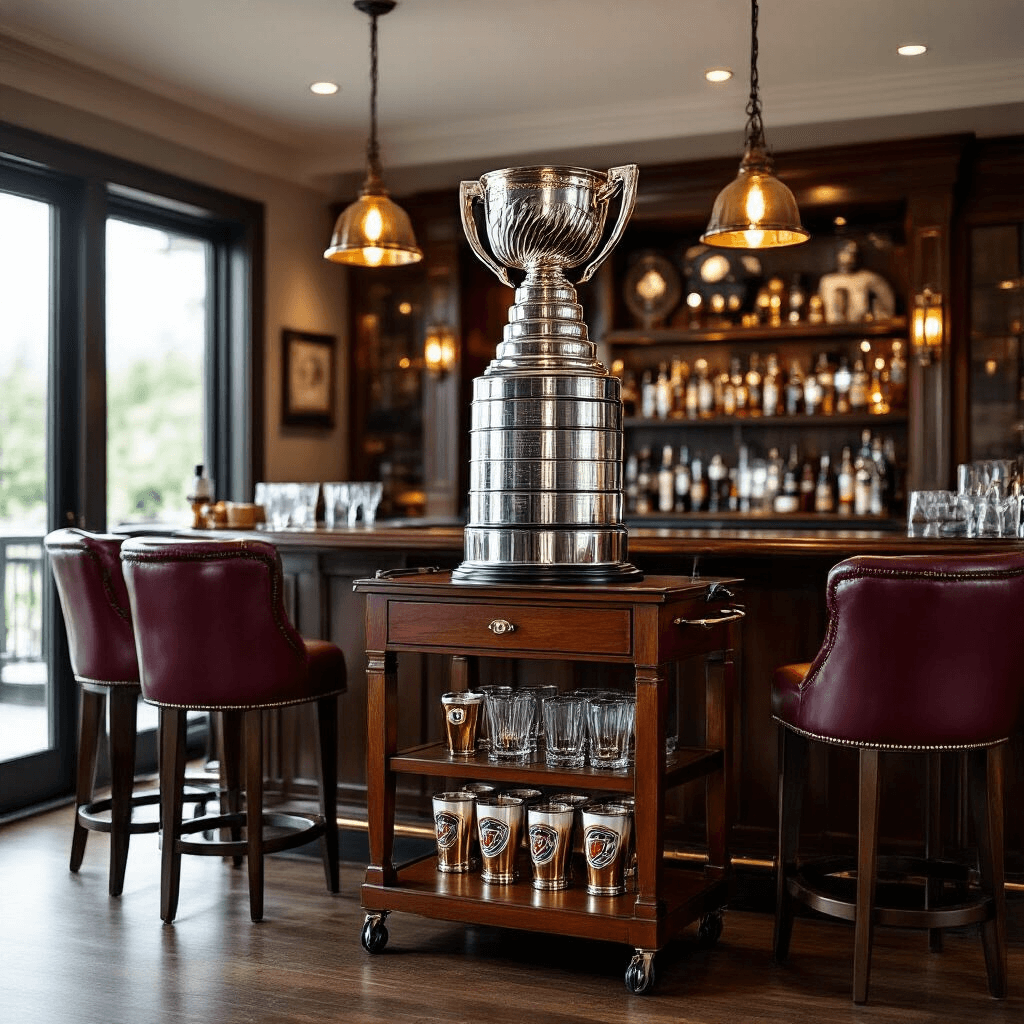 A luxurious home bar area showcasing a life-sized Stanley Cup replica on a walnut bar cart, surrounded by championship pint glasses, with soft ambient lighting and deep burgundy leather bar stools, highlighting a sophisticated celebration of hockey memorabilia.
