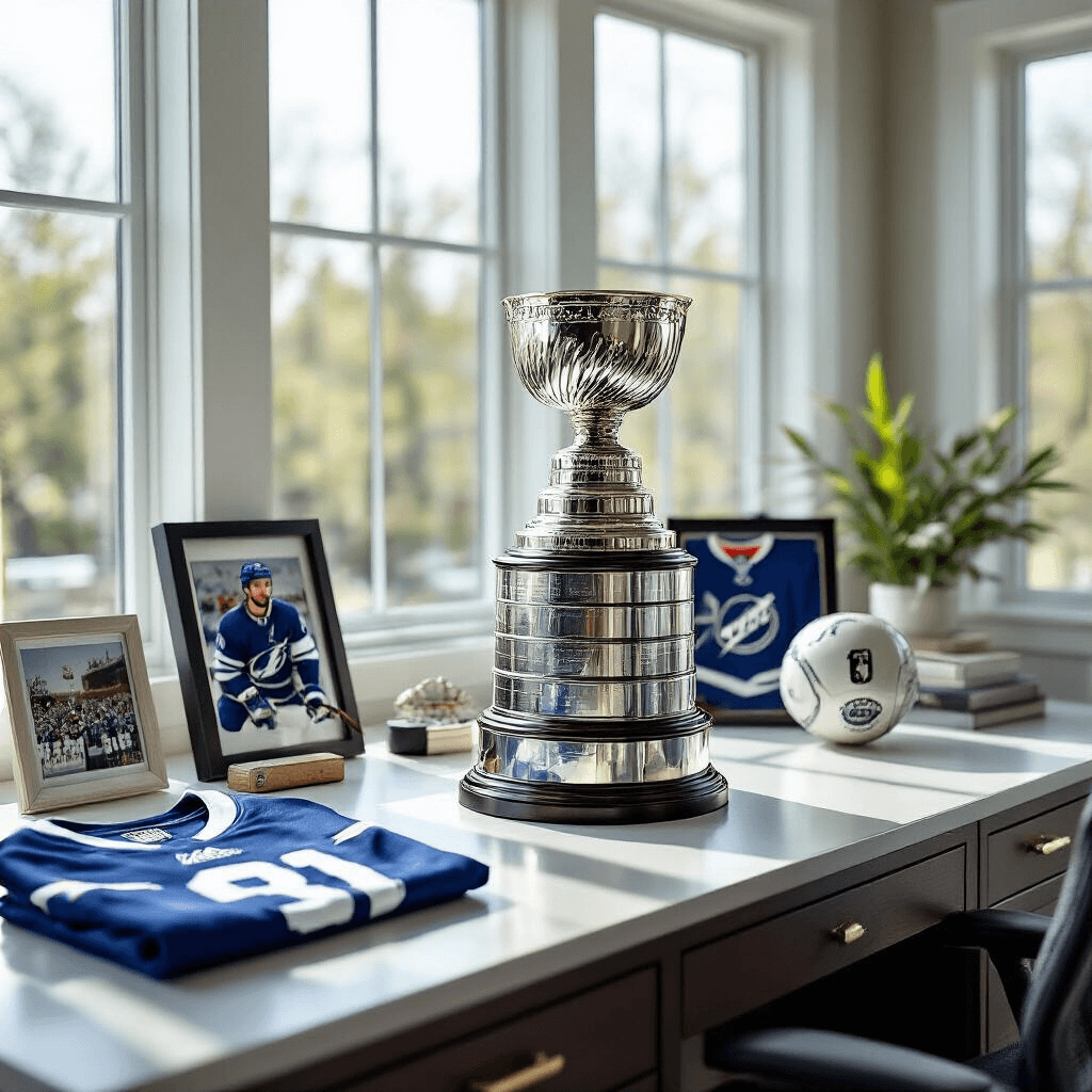 An elegantly styled home office desk featuring a Stanley Cup replica trophy, signed player photograph, authenticated game puck, and a championship jersey in a glass frame, illuminated by natural daylight from large windows, in a white and silver color palette, viewed from an overhead perspective.