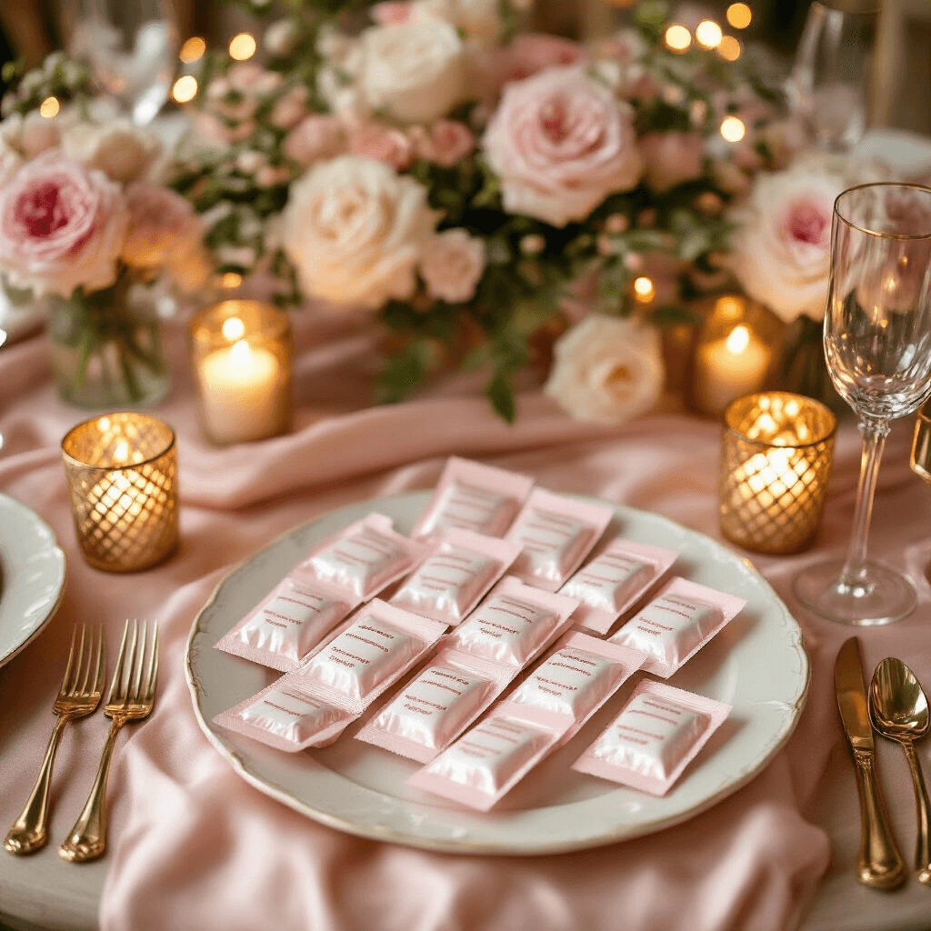 A beautifully styled bachelorette party tablescape featuring hand-painted novelty condom party favors on blush pink silk linens, with delicate floral centerpieces and gold geometric candle holders, illuminated by soft evening lighting and fairy lights, photographed from above to highlight intricate details and textures.
