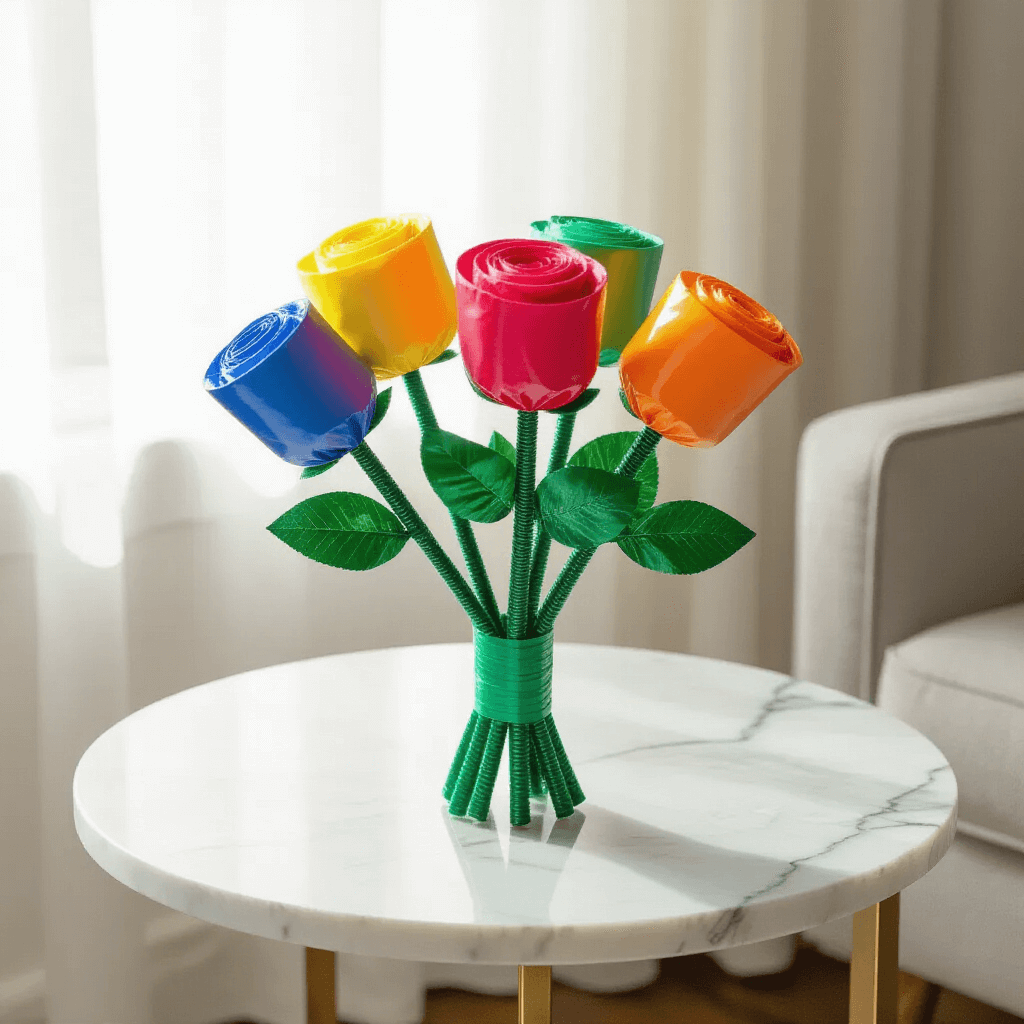 A whimsical bouquet of five colorful rolled condoms arranged like roses on pipe cleaner stems, displayed on a white marble side table in a minimalist living room with soft natural light.