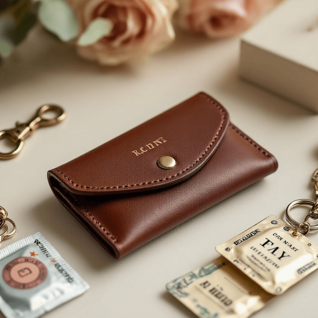 Intimate flat lay of a personalized leather condom case with monogrammed initials, vintage-inspired condom wrappers, a metallic keychain holder, and soft pastel elements, showcasing the textural details in high-resolution with soft diffused lighting.