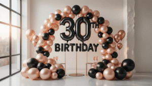 Cinematic shot of a sophisticated 30th birthday balloon display featuring oversized rose gold and matte black balloons, surrounded by champagne and blush latex balloons, set in a modern minimalist interior with soft golden hour lighting and elegant decor.