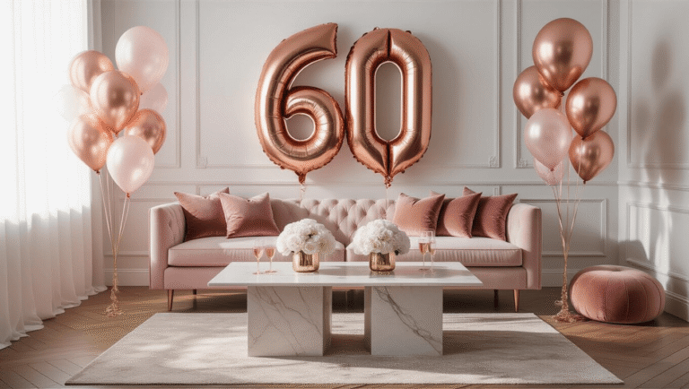 Elegant modern living room decorated for a 60th birthday celebration, featuring a dramatic rose gold "60" balloon display, blush pink velvet cushions on an ivory sofa, and a low marble coffee table with fresh white peonies, all bathed in soft morning light with a sophisticated color palette of rose gold, soft pink, cream, and white.