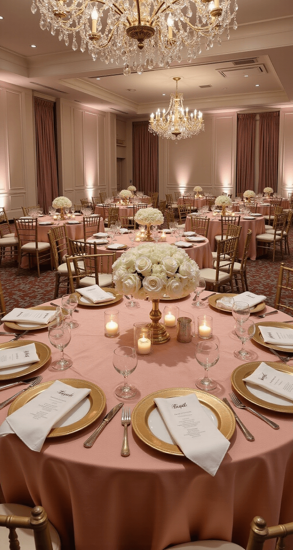 A luxurious wedding reception ballroom with blush pink and gold color palette, featuring elegant round tables with dusty rose velvet linens, crystal chandeliers, gold chiavari chairs with white rose centerpieces, and sophisticated table settings with gold-rimmed charger plates and calligraphy place cards, all bathed in soft candlelight.