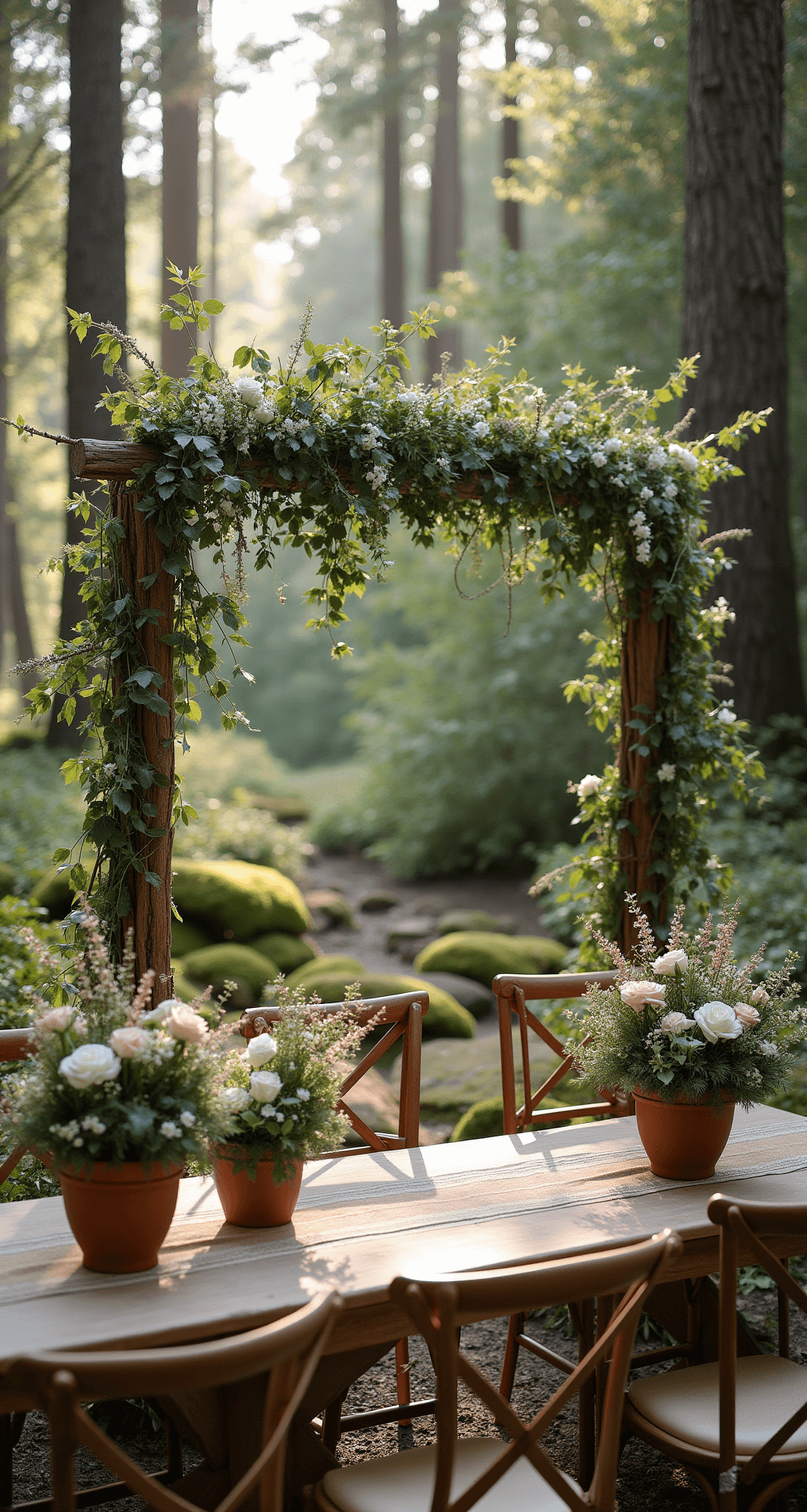 Rustic woodland wedding ceremony with a handcrafted floral arch of wooden branches, lush greenery, and white roses, surrounded by sunlight-dappled trees, terracotta planters with wildflowers, natural linen table runners, cascading garlands, moss-covered ground, and wooden cross-back chairs.