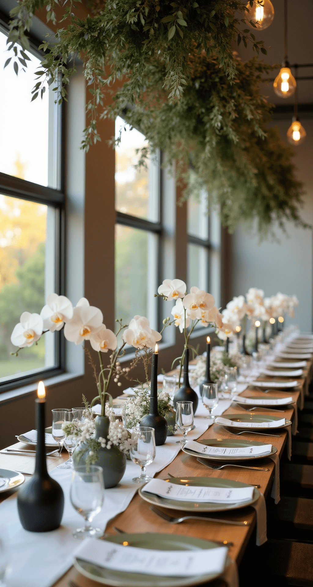 A modern minimalist wedding reception featuring long contemporary farm tables adorned with sleek black taper candles, simple ceramic vases with single stem white orchids, and suspended geometric flower installations. The clean white and sage green color palette is complemented by industrial concrete flooring and floor-to-ceiling windows showcasing warm golden hour light. Minimalist place settings include laser-cut name cards and olive green linen napkins.
