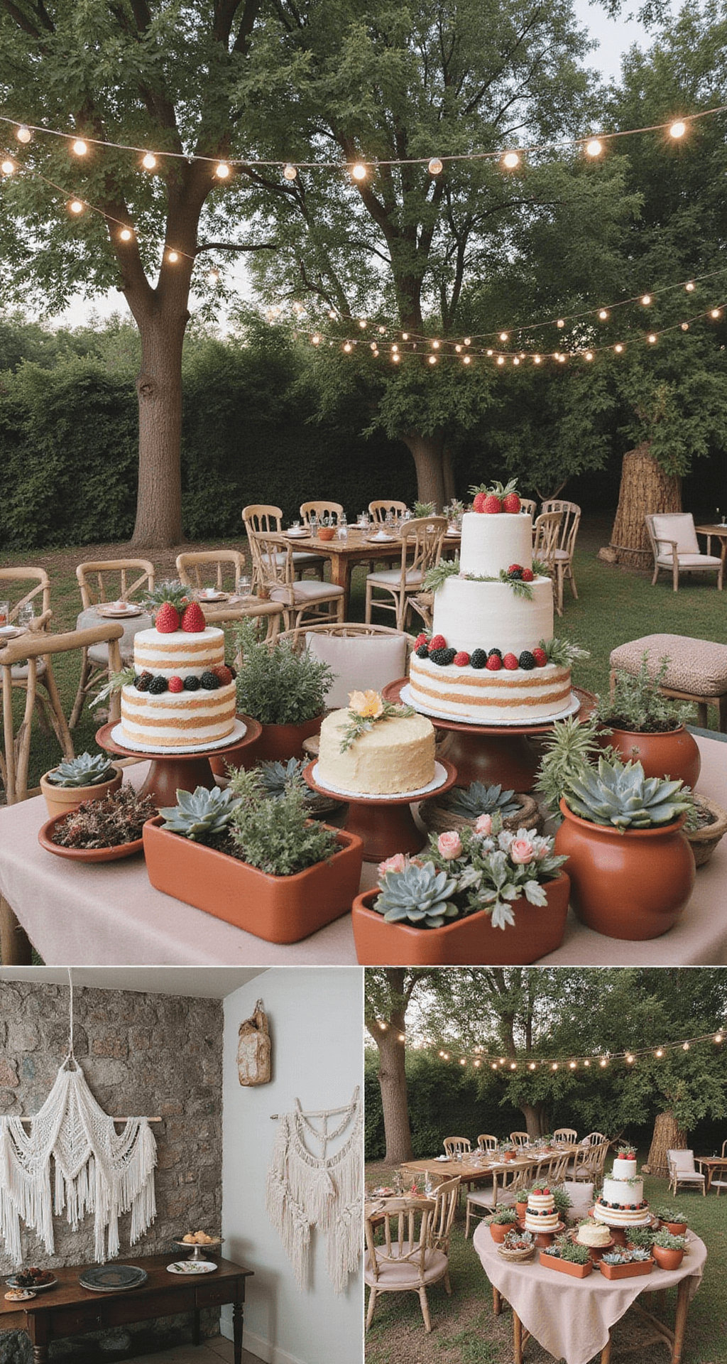 A charming bohemian outdoor garden wedding scene featuring an eclectic dessert table with naked cakes and fresh fruit, surrounded by terracotta planters and macramé hangings, under a canopy of string lights, with vintage chairs, low wooden tables, and floor cushions, all set in soft evening light.