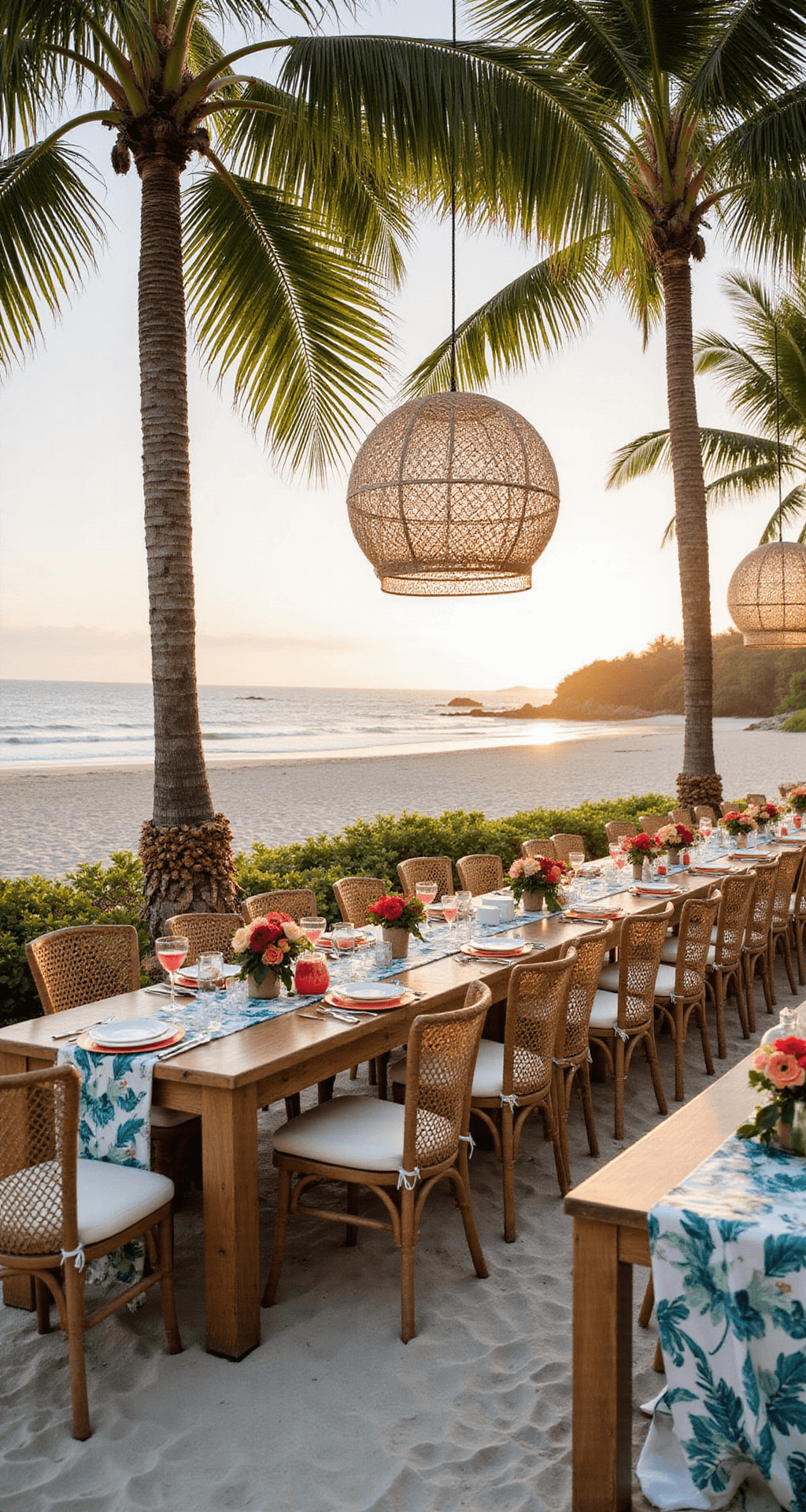 Tropical beachfront wedding reception featuring woven white lanterns in palm trees, blue and coral decor, long communal tables with botanical print runners, fresh tropical flower centerpieces, rattan chairs, and a cocktail bar adorned with dehydrated fruit garlands, all illuminated by warm sunset light.