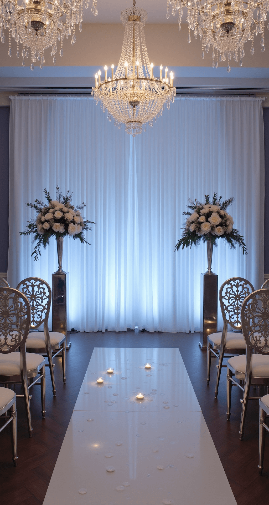 A winter wonderland wedding ceremony featuring crystal chandeliers, a white draped backdrop, silver and ice blue colors, mirrored pedestals with floating candles, intricate snowflake details on chairs, white fur throws, and elegant white rose and pine centerpieces under dramatic lighting.