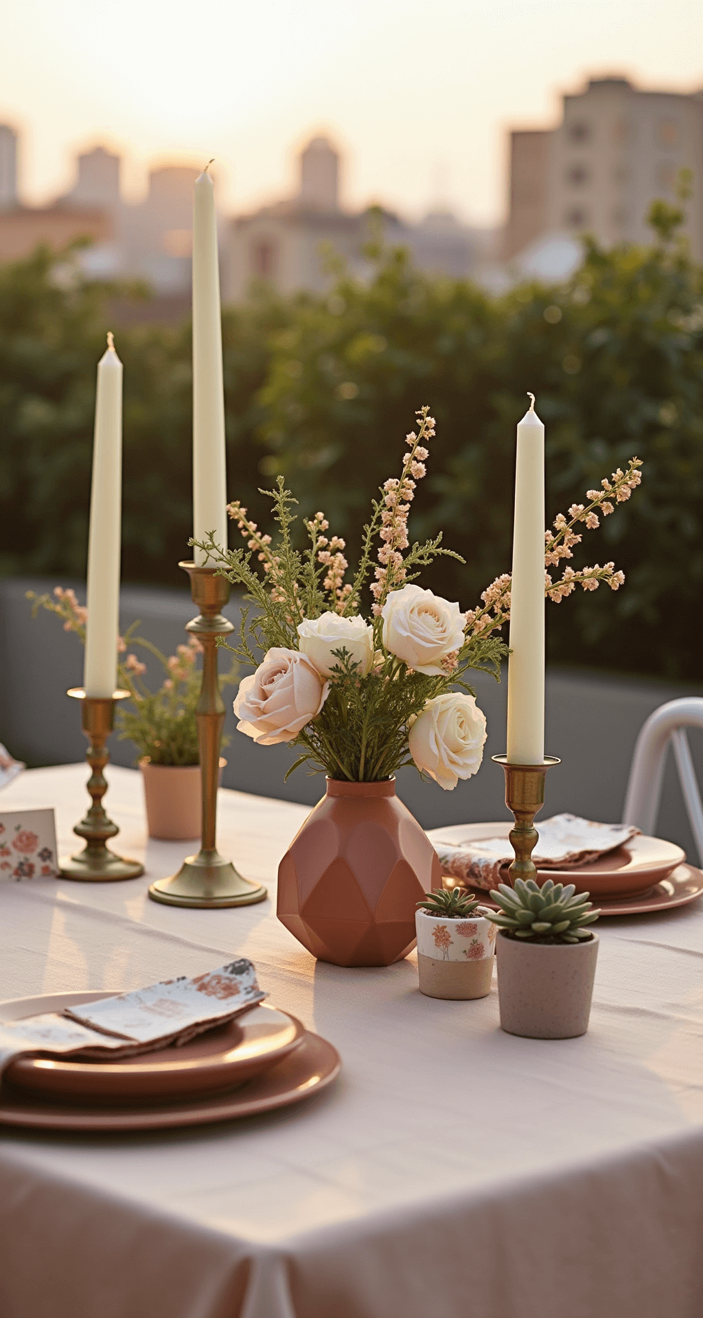 Bohemian minimalist wedding tablescape with blush-toned linen, geometric earth-toned ceramic vessels filled with trailing garden roses and delicate greenery, brass candlesticks with cream pillar candles, hand-painted ceramic place cards, small potted succulents as guest favors, set in a rooftop garden with a city skyline in the background, bathed in warm amber light of golden hour.