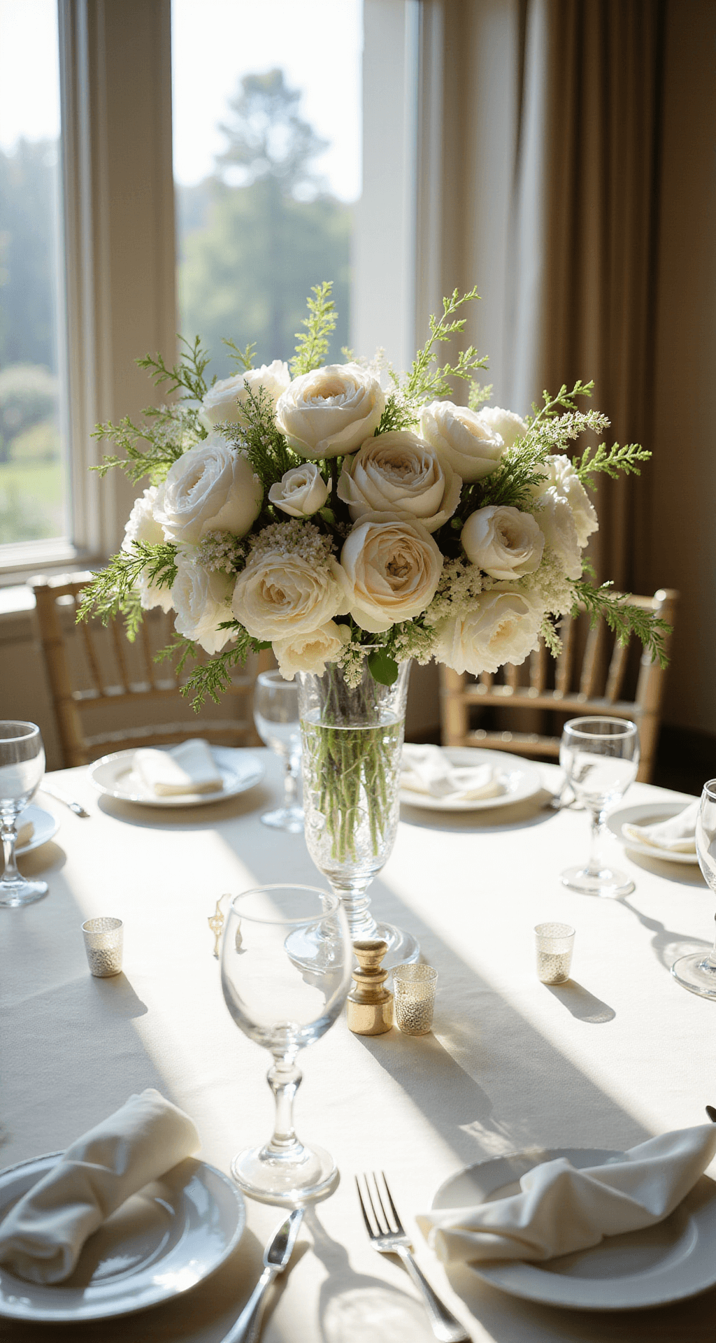 Elegant all-white floral wedding centerpiece featuring peonies, roses, and lisianthus in a crystal vase, set on a beautifully arranged table with ivory linens, crystal candle holders, and silver flatware, illuminated by soft natural daylight in a luxurious ballroom.
