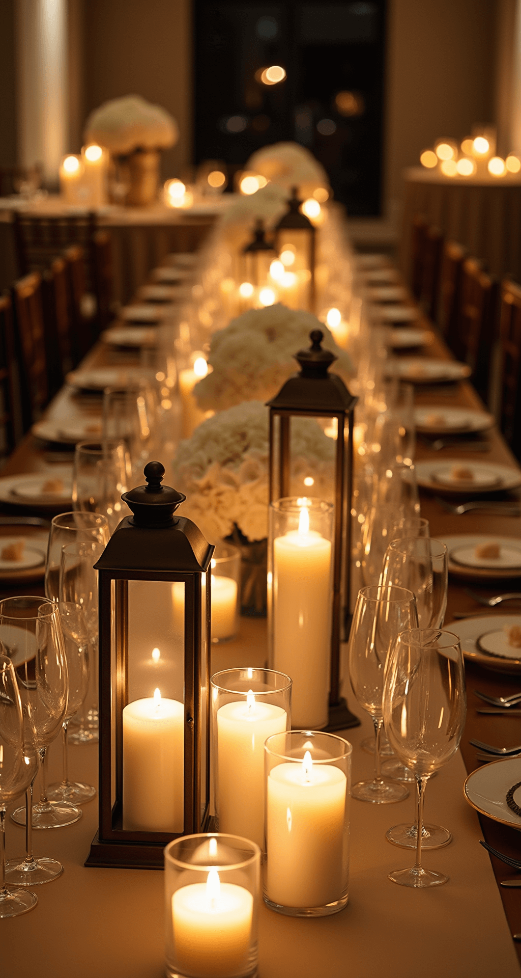 Romantic reception space illuminated by warm golden hour light and flickering tapered candles in antique bronze candlesticks, enhanced by hurricane lanterns and floating candles in frosted glass bowls, surrounded by elegant white floral arrangements.