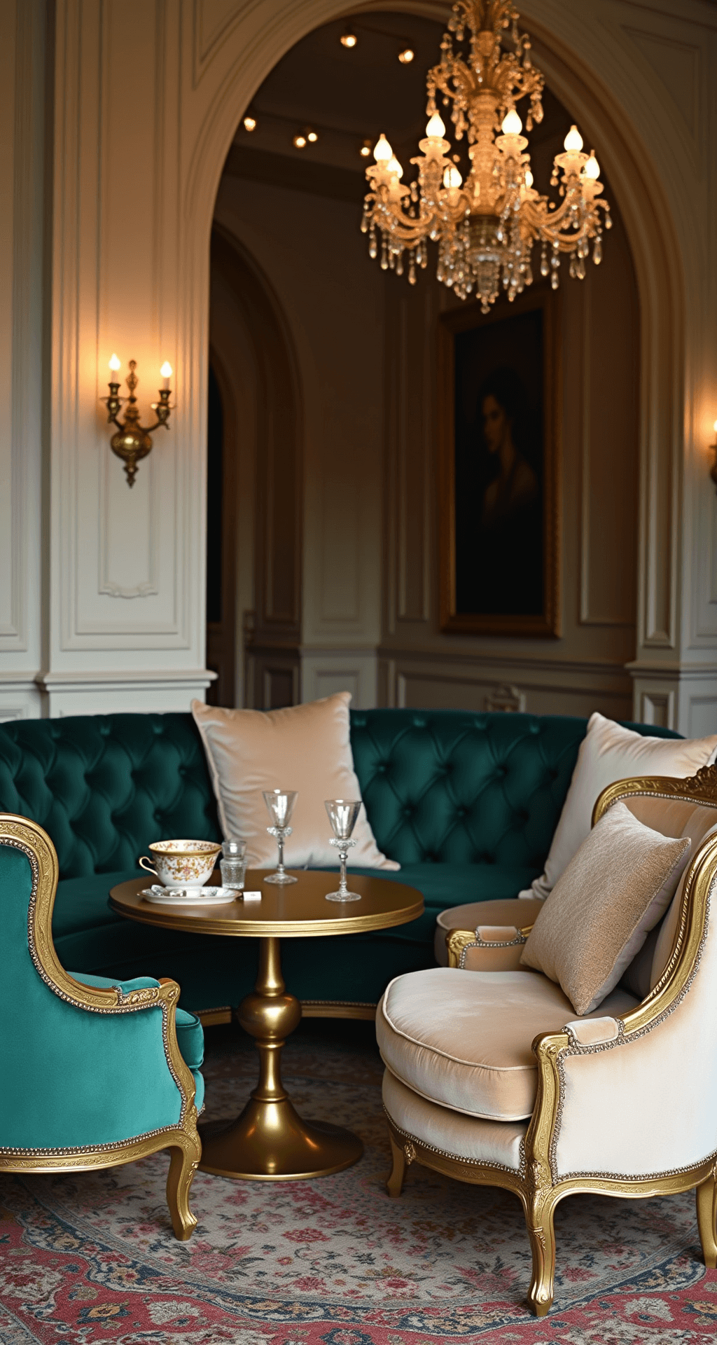 A vintage-inspired lounge area featuring velvet armchairs in champagne and emerald, an antique brass coffee table, embroidered throw pillows, a Persian rug, string lights, and crystal candelabras for warm illumination.