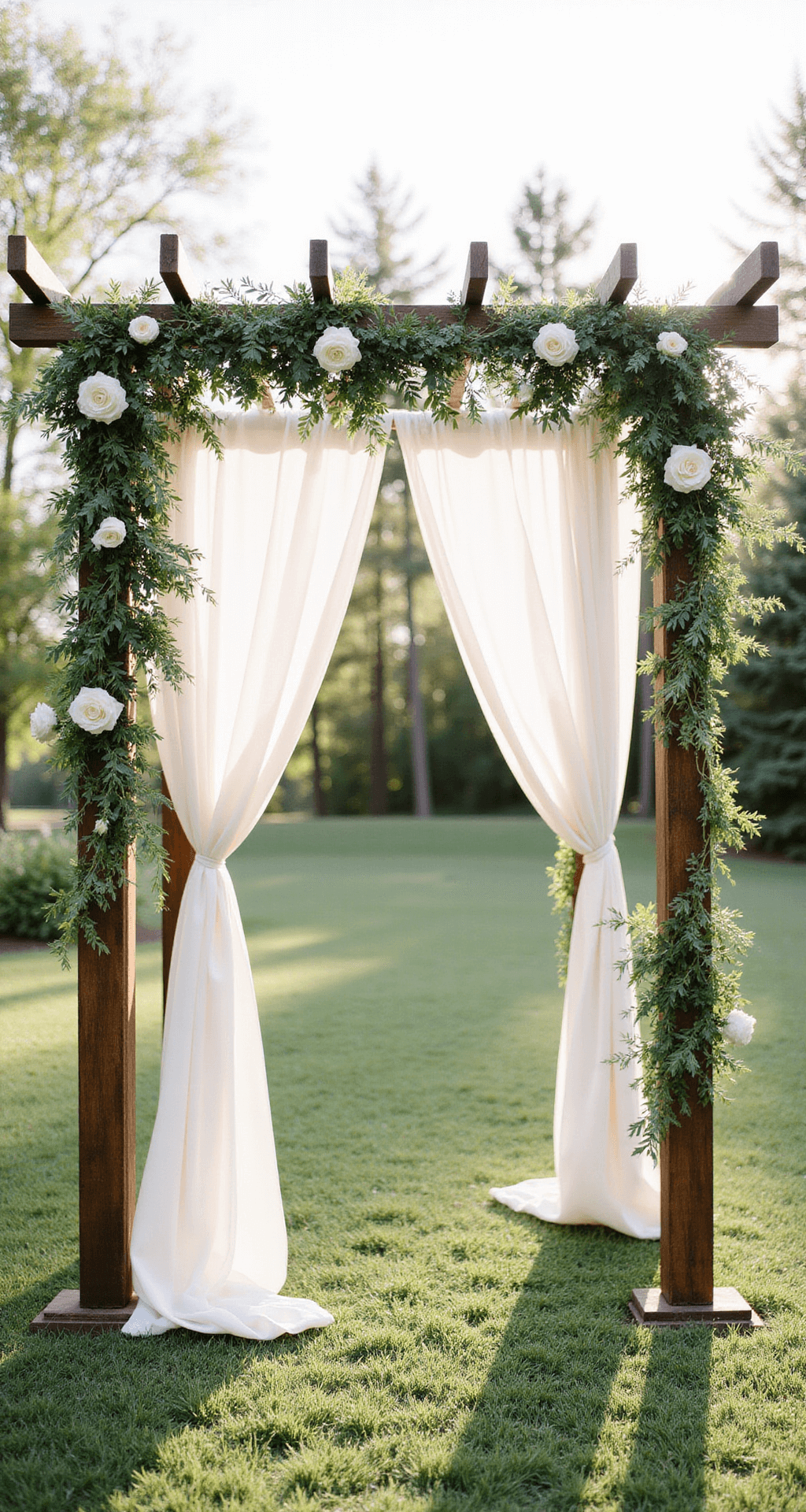 Ethereal wooden ceremony arch draped in ivory chiffon with cascading greenery and sparse white flowers, illuminated by soft morning light.