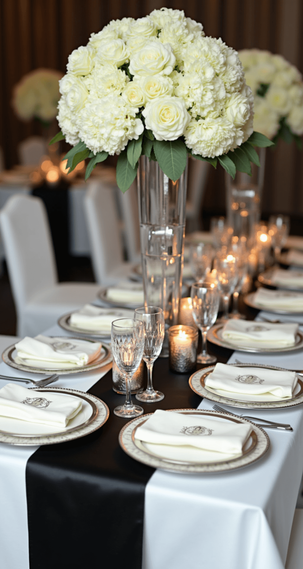 Sophisticated black and white wedding reception tablescape with crisp white linens, a black silk runner, gleaming white china with platinum rims, crystal wine glasses, monogrammed ivory napkins, a minimalist white floral centerpiece, and soft candlelight in mercury glass votives.