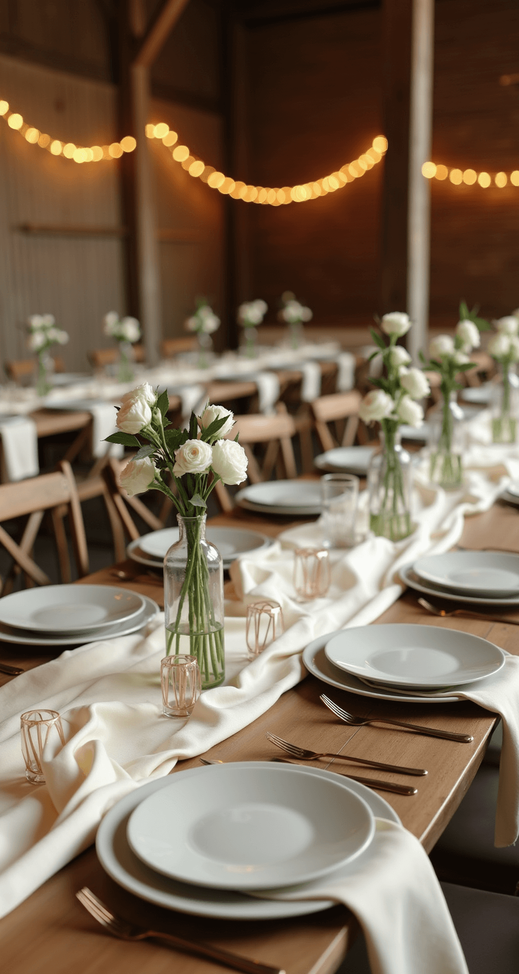 A minimalist rustic wedding reception in a barn, featuring cream-colored silk linens, single-stem white roses in tall vases, golden string lights, wooden tables, geometric copper table numbers, and sage green accents, creating an elegant and intimate atmosphere.