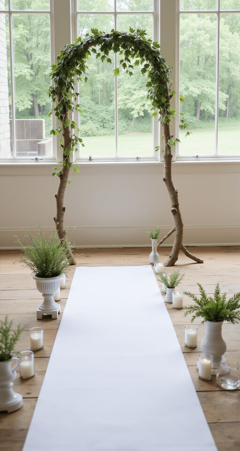 An intimate ceremony setup with a birch branch arch adorned with ivy, large windows allowing natural light, small potted herbs, white ceramic candle holders, and a clean white runner, all in soft sage green and cream tones on a natural wood floor.