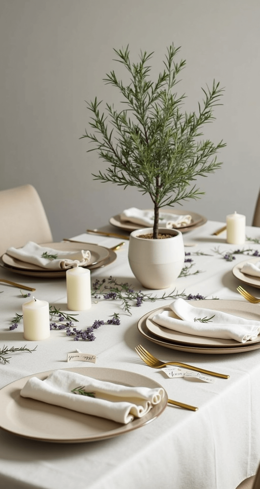 A minimalist table setting featuring a cream linen tablecloth, muted hand-thrown ceramic plates, delicate gold flatware, a potted olive tree centerpiece, scattered lavender and rosemary sprigs, and varying heights of soft candlelight, with geometric place cards for added visual interest.