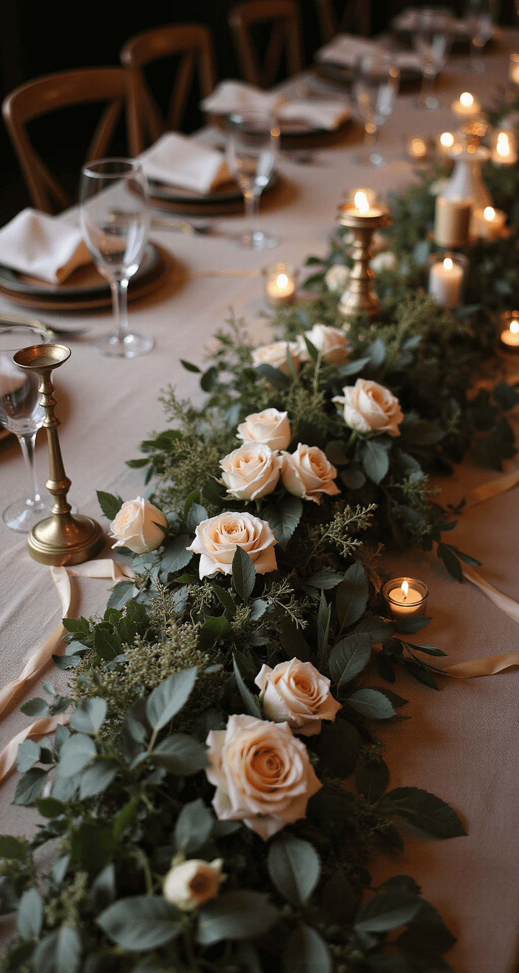 An elegant reception table adorned with a lush greenery and floral garland of blush garden roses and ranunculus, accented by antique brass candlesticks and crystal glassware, all captured in warm, moody evening lighting.