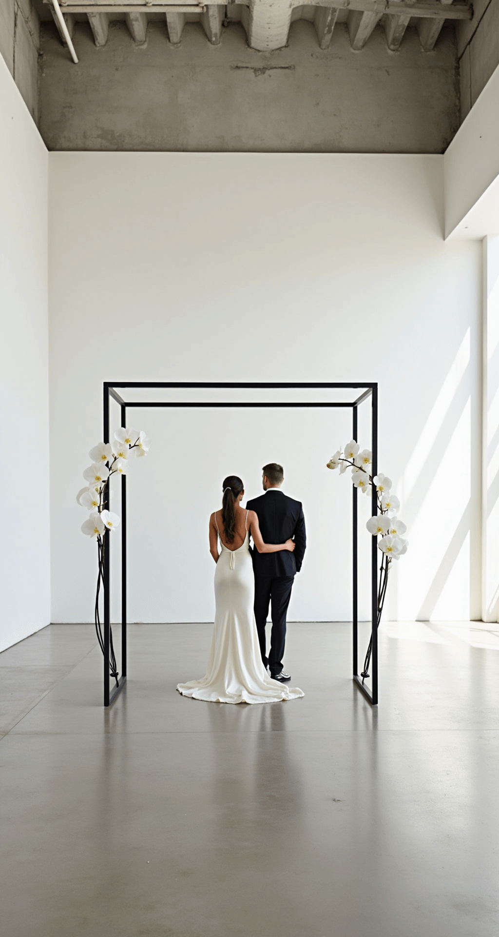A minimalist wedding ceremony in a bright modern art gallery with white walls, a sleek black geometric arch with white orchids, a bride in a silk column dress, and her partner, illuminated by natural light through large windows.