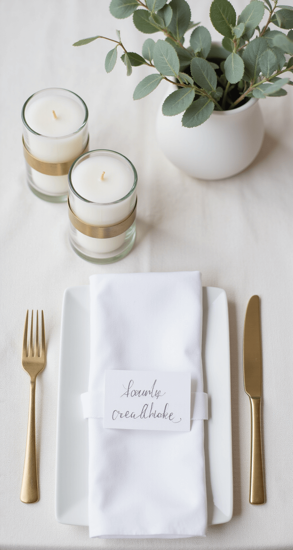 A minimalist wedding tablescape featuring an ivory linen tablecloth, white pillar candles in clear glass cylinders, a pale eucalyptus arrangement in a matte white vase, brass napkin rings, folded white linen napkins, and hand-lettered white cardstock place cards.