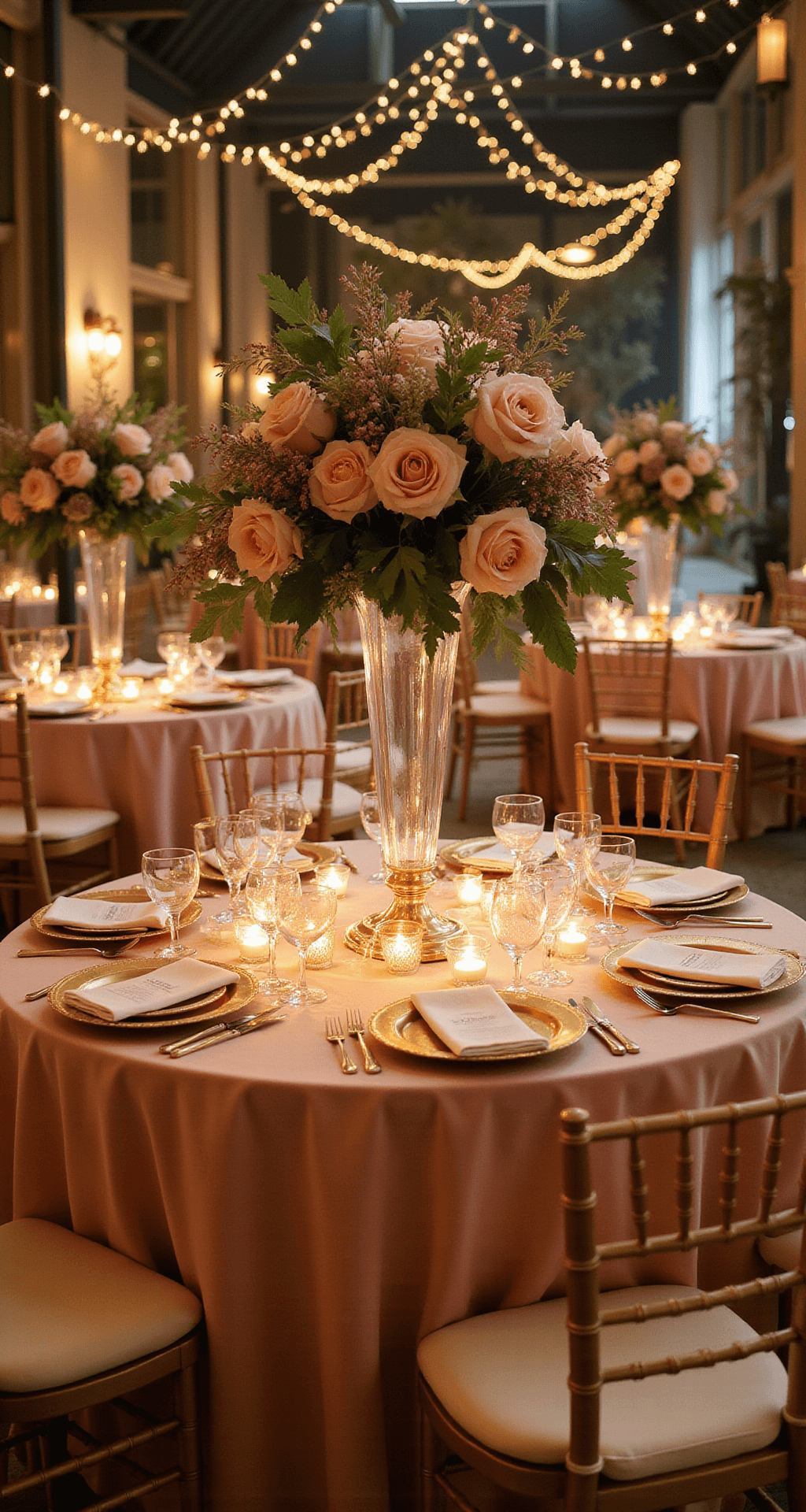 A wide-angle view of a luxurious wedding reception featuring blush floor-length linens on round tables, golden charger plates, tall crystal vases with garden roses and ranunculuses as centerpieces, and soft fairy lights overhead, all illuminated by warm, romantic lighting during golden hour.