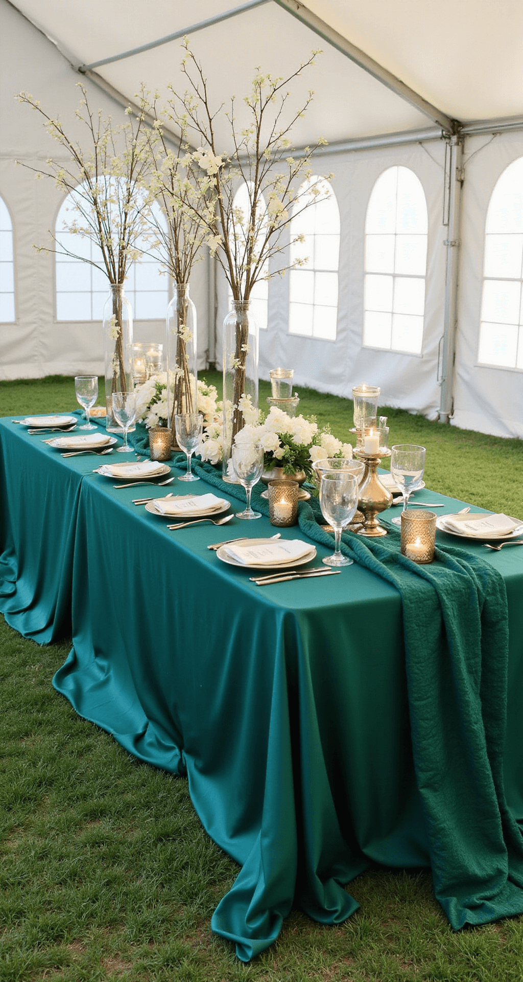 An elegant outdoor wedding table setup under a white tent, featuring deep emerald floor-length linens, textured silk fabric, elevated glass vases with branches and white orchids as the centerpiece, and clustered mercury glass votives casting a warm glow, captured from an overhead perspective.