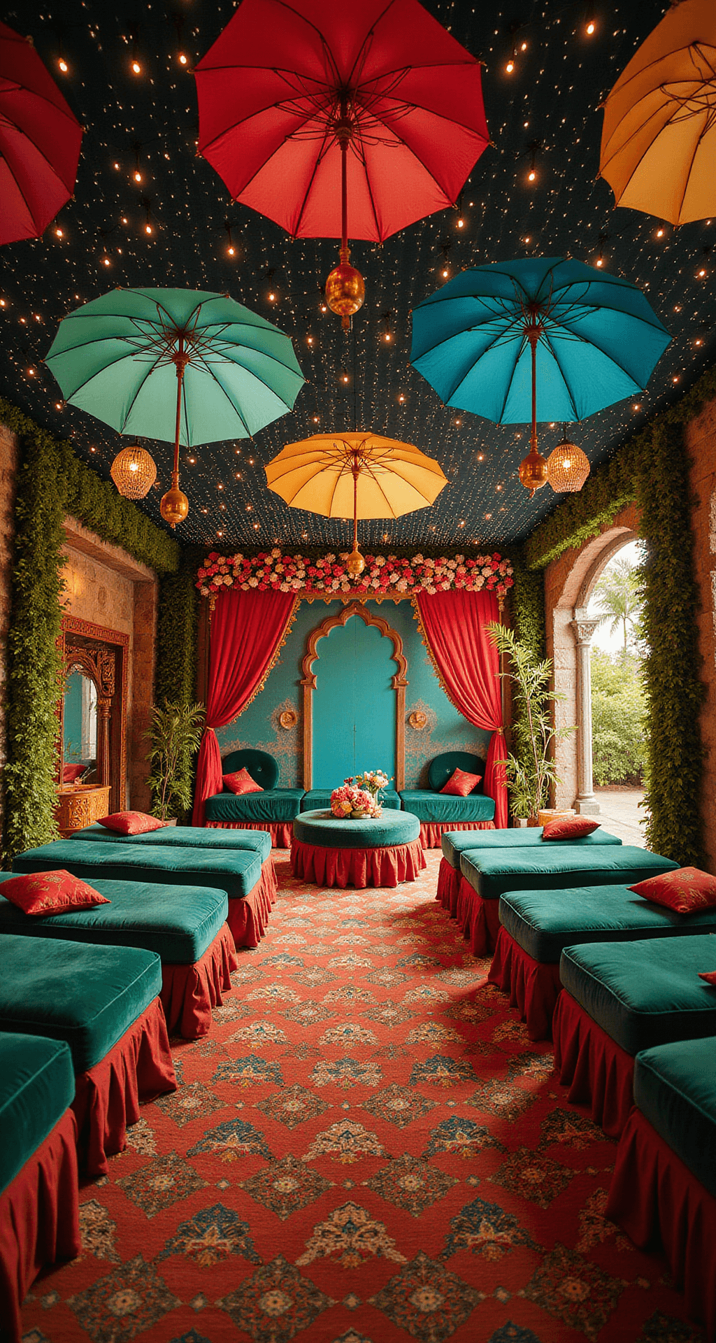 A lively Mehendi celebration with jewel-toned decor in emerald, sapphire, and ruby hues, featuring cushioned seating, colorful fabric umbrellas, whimsical string lights, fresh flower arrangements, henna application stations, and a tall floral archway, all capturing the festive spirit in a dynamic composition.