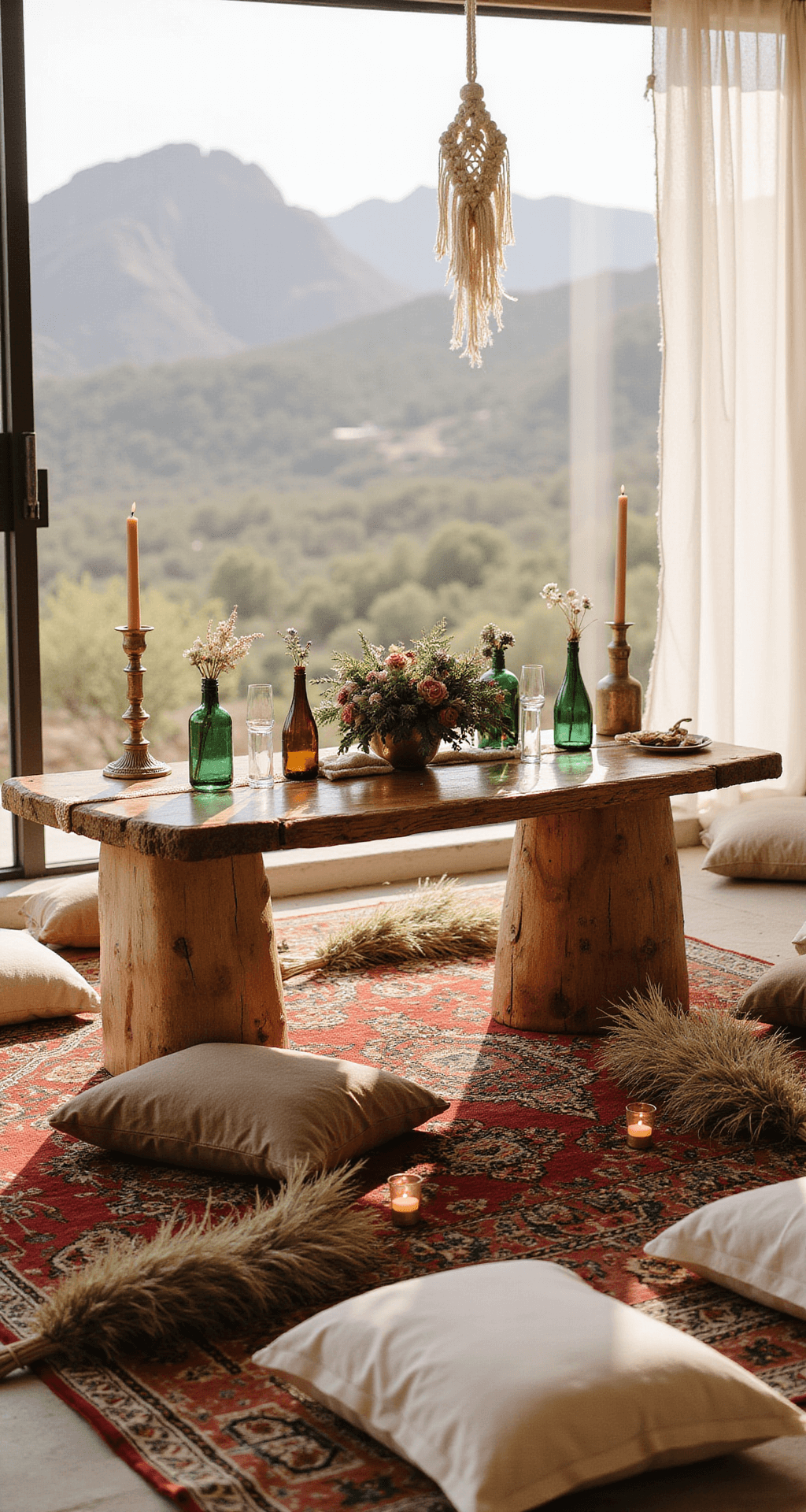 An intimate bohemian wedding setup with a low wooden table on layered vintage Persian rugs, adorned with brass candlesticks, jewel-toned glass bottles filled with wildflowers, dried pampas grass, and tea lights, surrounded by natural linen cushions, with mountains in the background and soft afternoon sunlight filtering through sheer curtains.