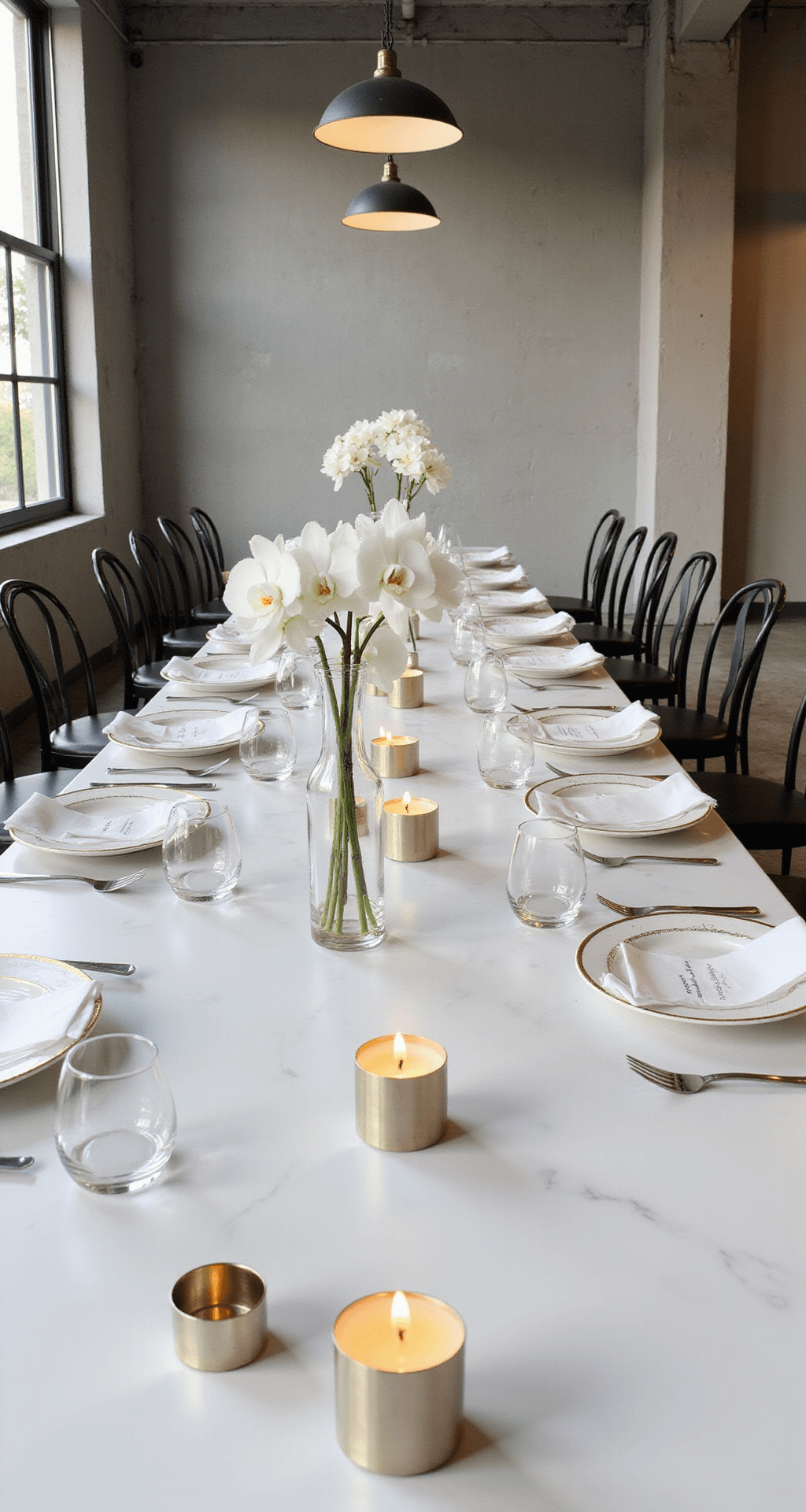 A modern minimalist wedding reception featuring a long white marble table with clear glass vases of white orchids, gold-rimmed plates, and sleek metal candle holders, set against concrete walls and large industrial windows in a monochromatic color palette.