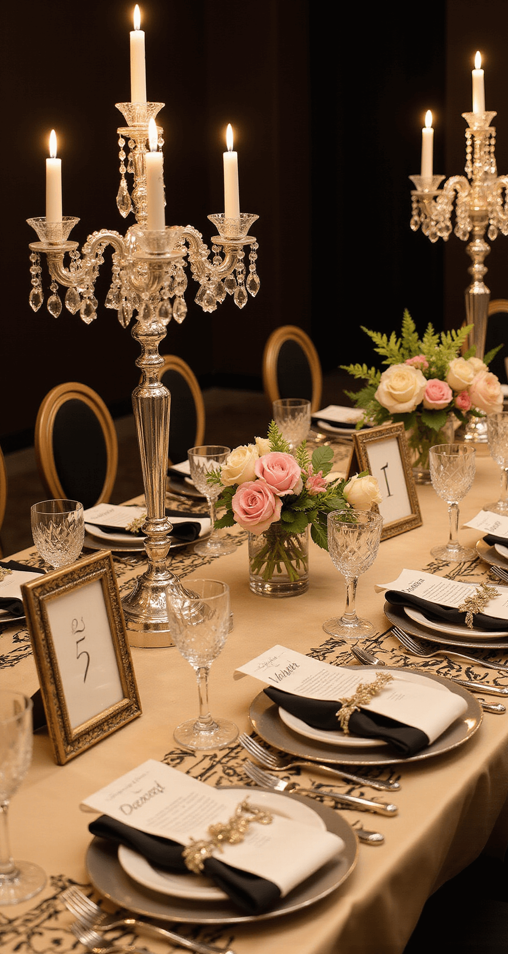 A vintage 1920s art deco wedding tablescape featuring champagne-toned satin linens, beaded crystal glassware, ornate silver candelabras, black and gold geometric patterns, elegant table numbers in art deco frames, and soft floral arrangements in crystal vases, all illuminated by warm, low lighting.