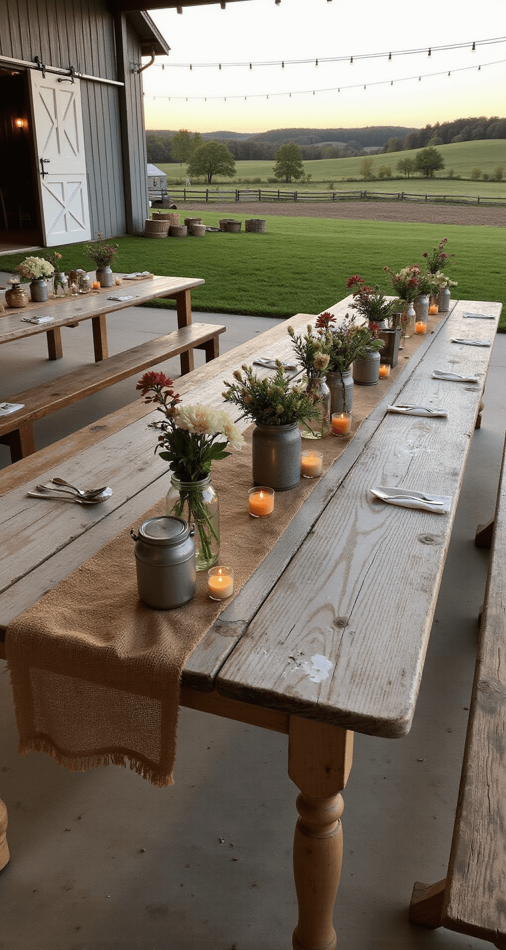 A rustic farmhouse wedding reception featuring weathered wooden tables adorned with mason jars of wildflowers, vintage metal milk buckets, burlap table runners, and mismatched cream-colored china, illuminated by string lights and bathed in soft evening light against a backdrop of barn doors and rolling green fields.