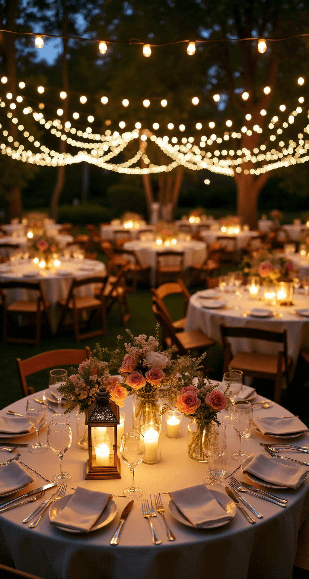 Overhead view of a magical nighttime garden wedding reception with warm string lights overhead, round tables adorned with ivory linens, vintage brass lanterns, and ethereal centerpieces of floating tea lights and blush roses, creating a romantic atmosphere.