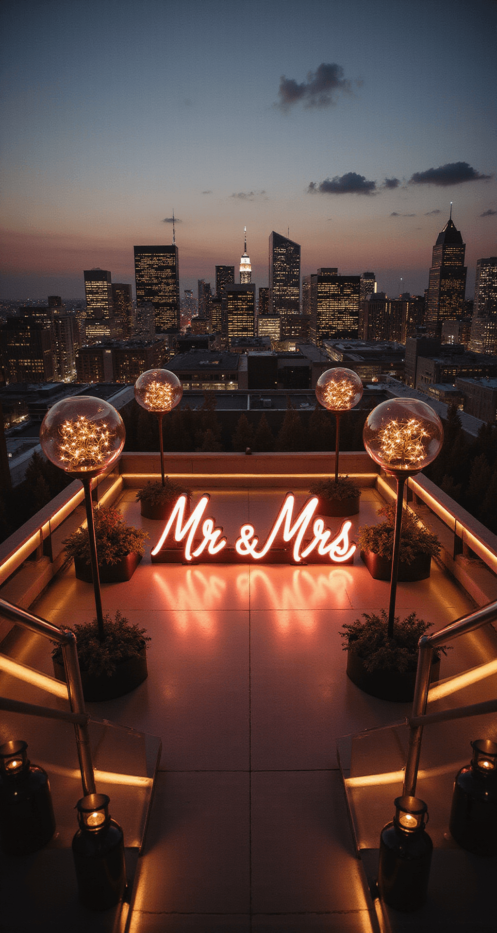 Cinematic overhead view of an urban rooftop wedding at golden hour, featuring sleek contemporary design with geometric gold LED lighting, a neon 'Mr & Mrs' sign, elevated glass orbs with fairy lights, black metal lanterns, and a panoramic city skyline backdrop.