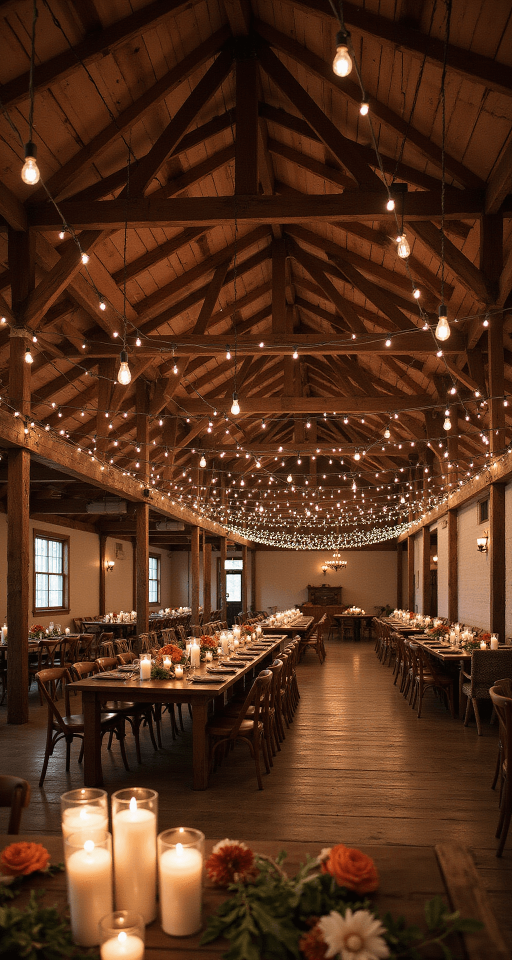 Intimate indoor wedding reception in a rustic barn with exposed wooden beams, featuring warm string lights, clustered pillar candles, seasonal floral arrangements in terracotta and sage tones, vintage lanterns, and amber uplighting creating a romantic atmosphere.