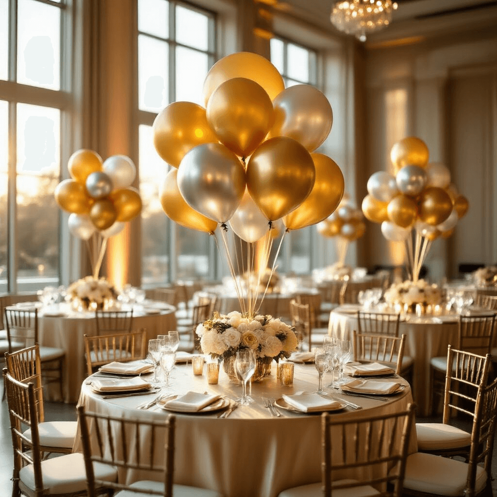 Elegant indoor ballroom at golden hour with champagne silk-draped round tables, prismatic foil balloon centerpieces in gold and silver, and soft sunlight illuminating marble floors, complemented by crystal glassware and ivory napkins.