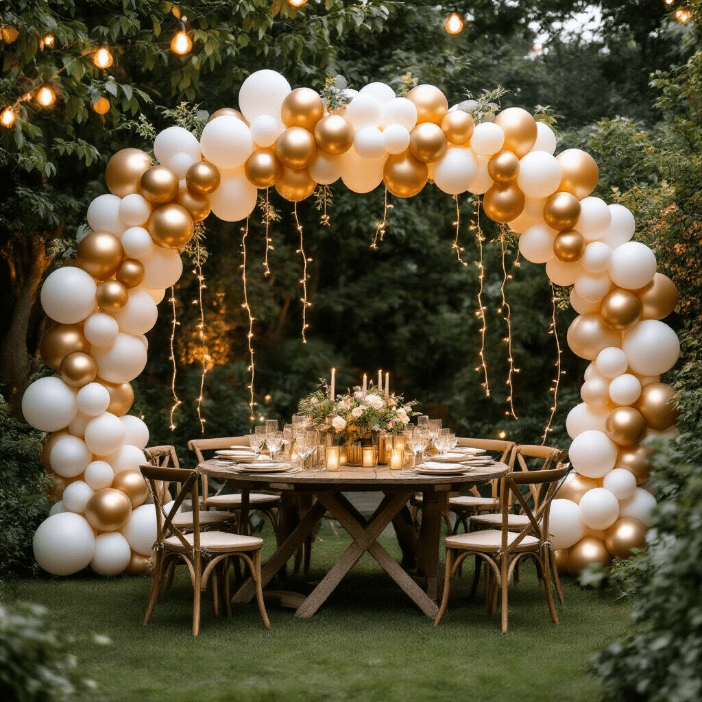 A stylish backyard garden party with a DIY balloon garland in chrome gold, beige, white, and green, rustic wooden tables, twinkling fairy lights, and rose gold accents, captured in a cinematic overhead shot among lush greenery.