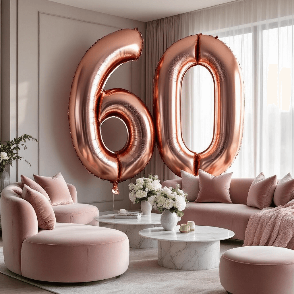Modern apartment living room featuring a dramatic 6-foot tall rose gold '60' balloon display, illuminated by soft morning light filtering through sheer curtains, surrounded by blush pink velvet cushions and low marble coffee tables, complemented by fresh white florals and delicate pink balloons.