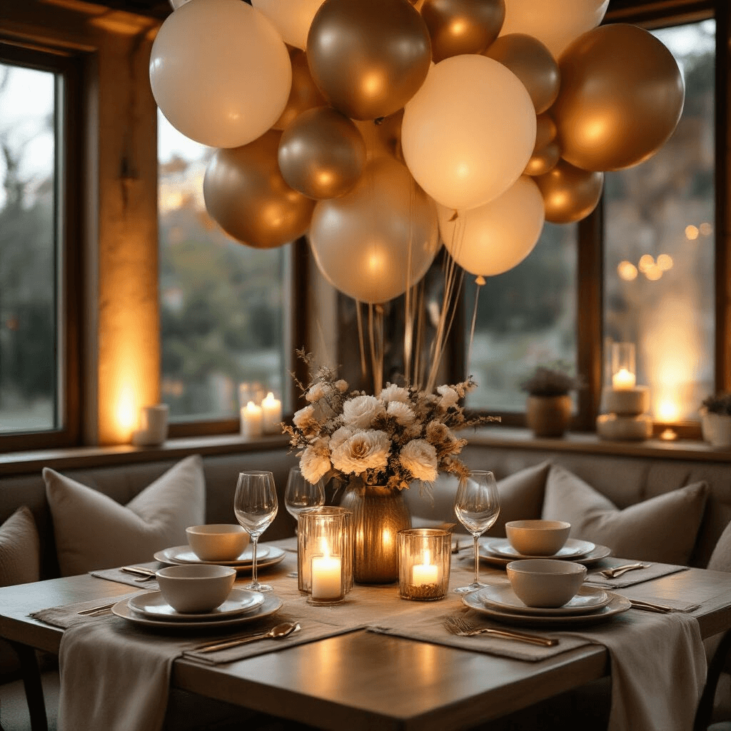 Intimate dining nook featuring mixed balloon arrangements in soft beige and gold accents, warm latte on polished wooden surfaces, illuminated by soft candle glow, with elegant ceramic place settings and silk table runners, showcasing layered textures and a sophisticated color palette.