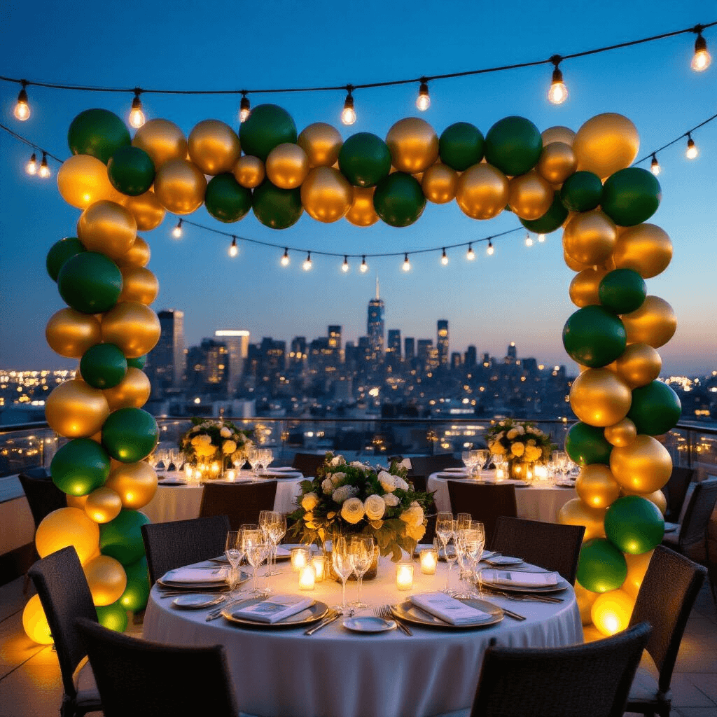 A luxurious rooftop terrace celebration at night, adorned with eucalyptus green and metallic gold balloons, string lights, and round cocktail tables with white linens, set against a vibrant urban skyline.