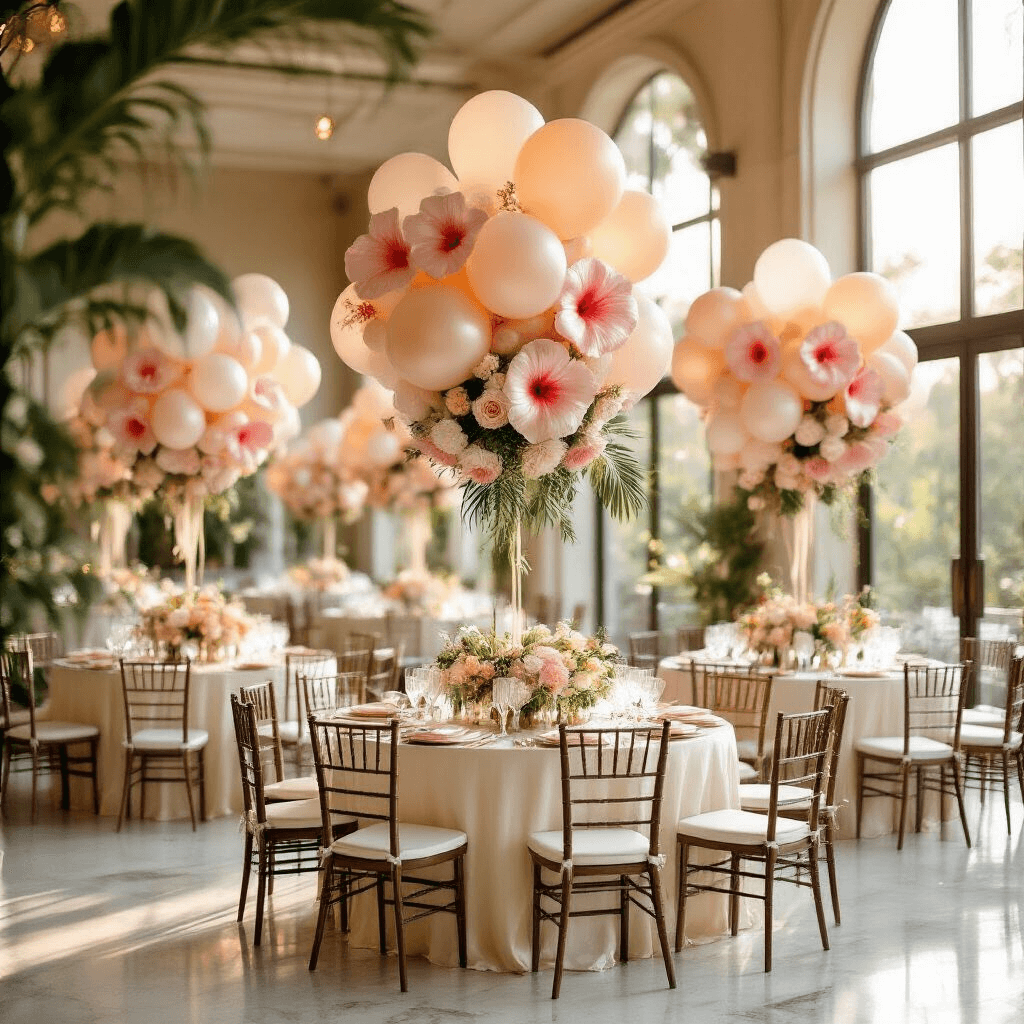 Elegant indoor ballroom during golden hour with floral balloon arrangements in blush pink and cream, round tables covered in silk ivory linens, tropical-themed balloons, and soft sunlight streaming through tall windows, creating a botanical garden atmosphere with layered floral centerpieces.