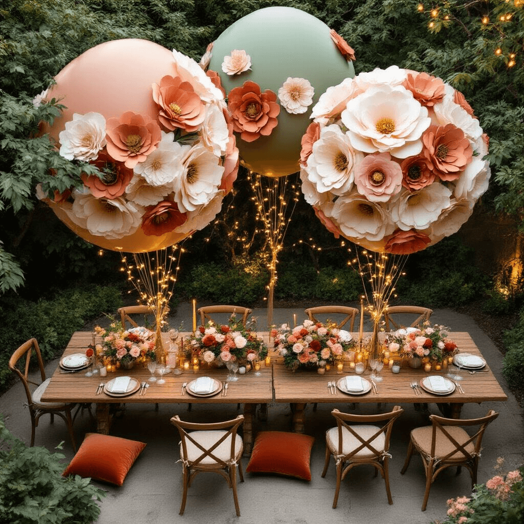 Overhead view of a luxurious garden party featuring large floral balloons, rustic wooden tables adorned with terracotta and sage flower-shaped balloons, fresh botanical centerpieces, fairy lights, velvet cushions, and ceramic tableware.