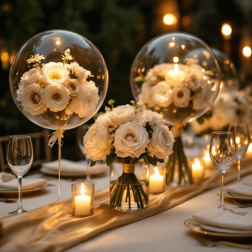 Close-up of transparent bubble balloons containing faux flower bouquets as centerpieces on candlelit dining tables, featuring silk runners and elegant glassware in a gold and ivory color scheme.
