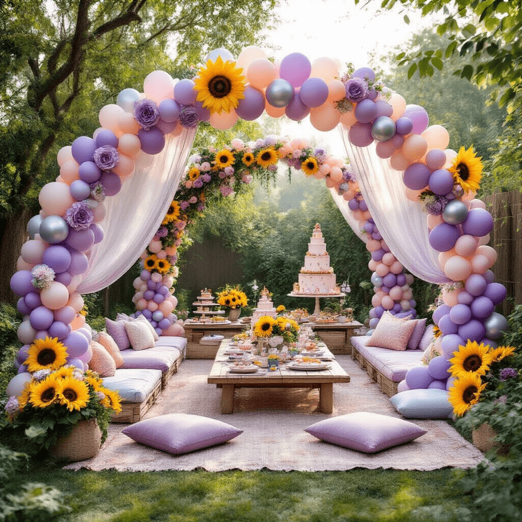 Whimsical backyard celebration with balloon arch installations, picnic-style low tables, and floor cushions, adorned with lavender and silver rose and sunflower-themed balloons, illuminated by soft morning light with sheer drapery backdrops and tiered dessert displays.