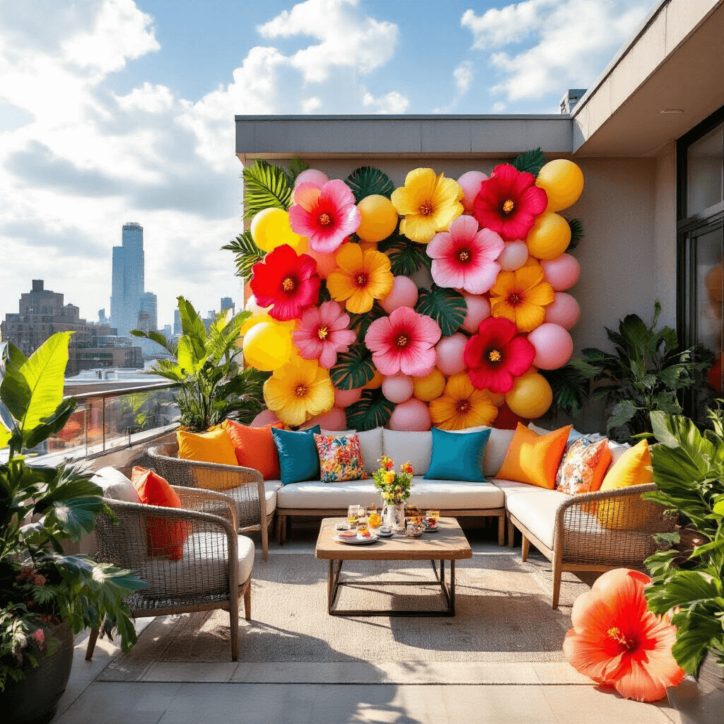 A vibrant rooftop terrace party featuring a creative balloon wall with tropical hibiscus designs, contemporary furniture, and 3D flower balloon displays. Dramatic midday shadows enhance the festive atmosphere, complemented by personalized signage and bold primary colors.