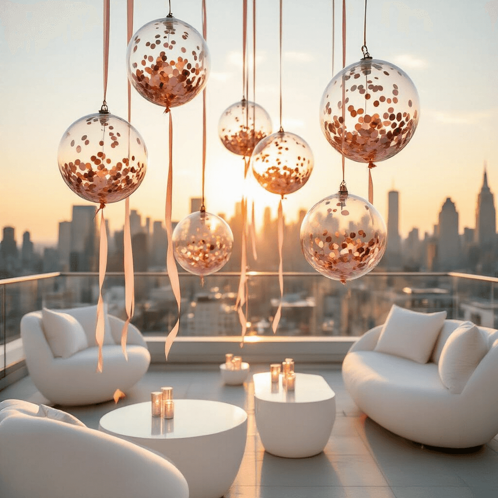 An overhead view of a chic rooftop party at golden hour, featuring translucent bobo balloons filled with rose gold confetti, sleek white furniture, and satin ribbons against a stunning city skyline, highlighting urban elegance and soft lighting.