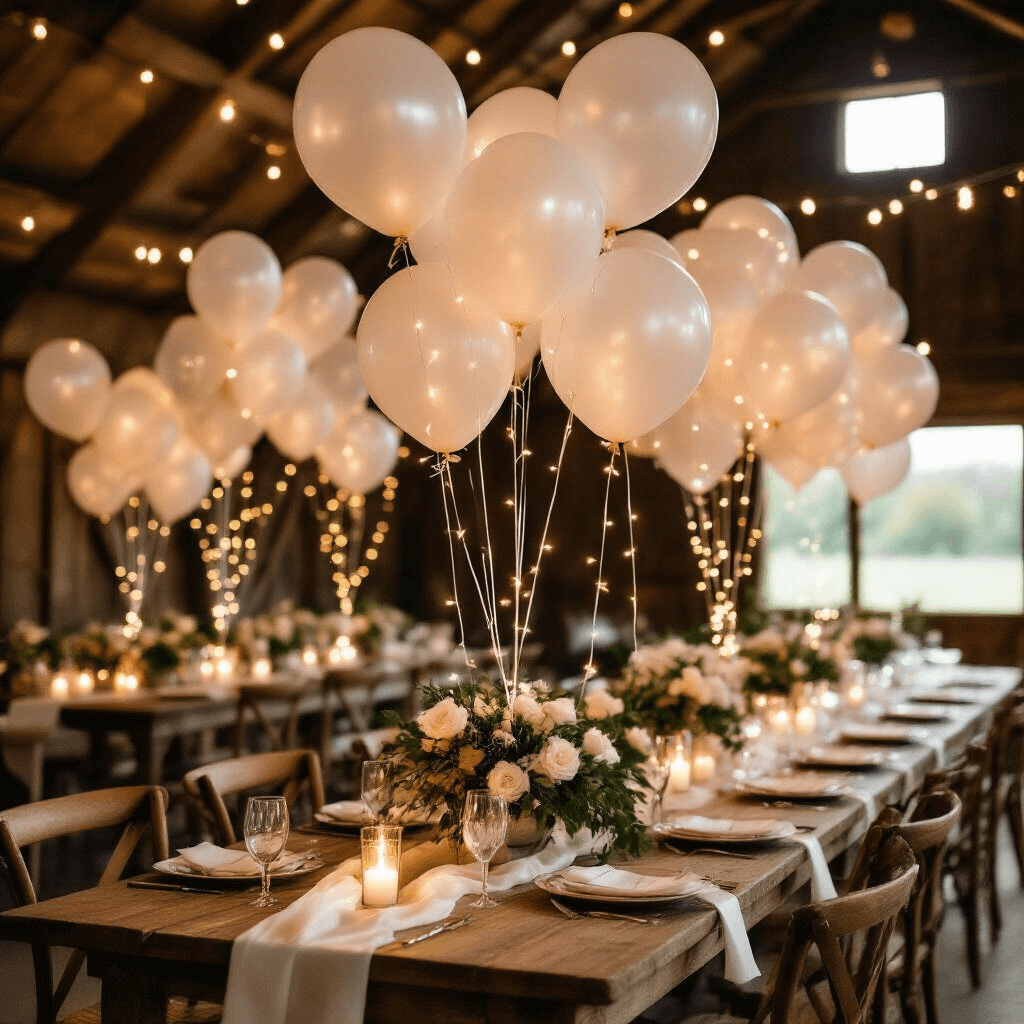 Intimate wedding reception in a rustic barn with warm candlelight, clear bobo balloons illuminated by soft white LEDs, lush greenery centerpieces, delicate white rose petals, and cascading satin ribbons in ivory and blush, creating an ethereal atmosphere.