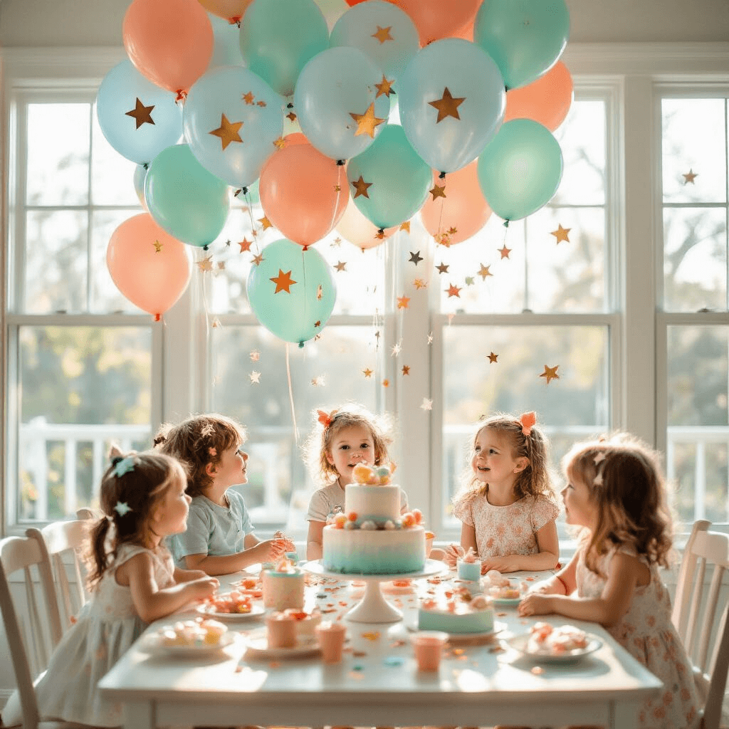 A bright living room decorated for a children's birthday party, featuring balloon clusters and a playful dessert table, with sunlight streaming through large windows, capturing the wonder of children.