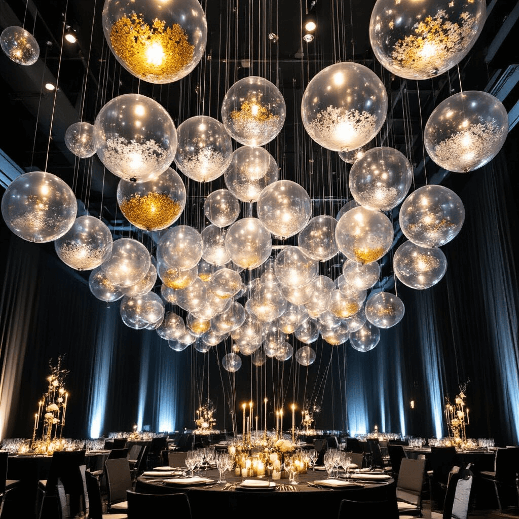 A sophisticated New Year's Eve corporate event featuring a dramatic ceiling installation of clear balloons filled with silver and gold glitter, suspended at varying heights with invisible fishing line. The sleek black and metallic decor, enhanced by strategic lighting, creates dramatic shadows, showcasing architectural precision and modern elegance in a cinematic wide-angle view.
