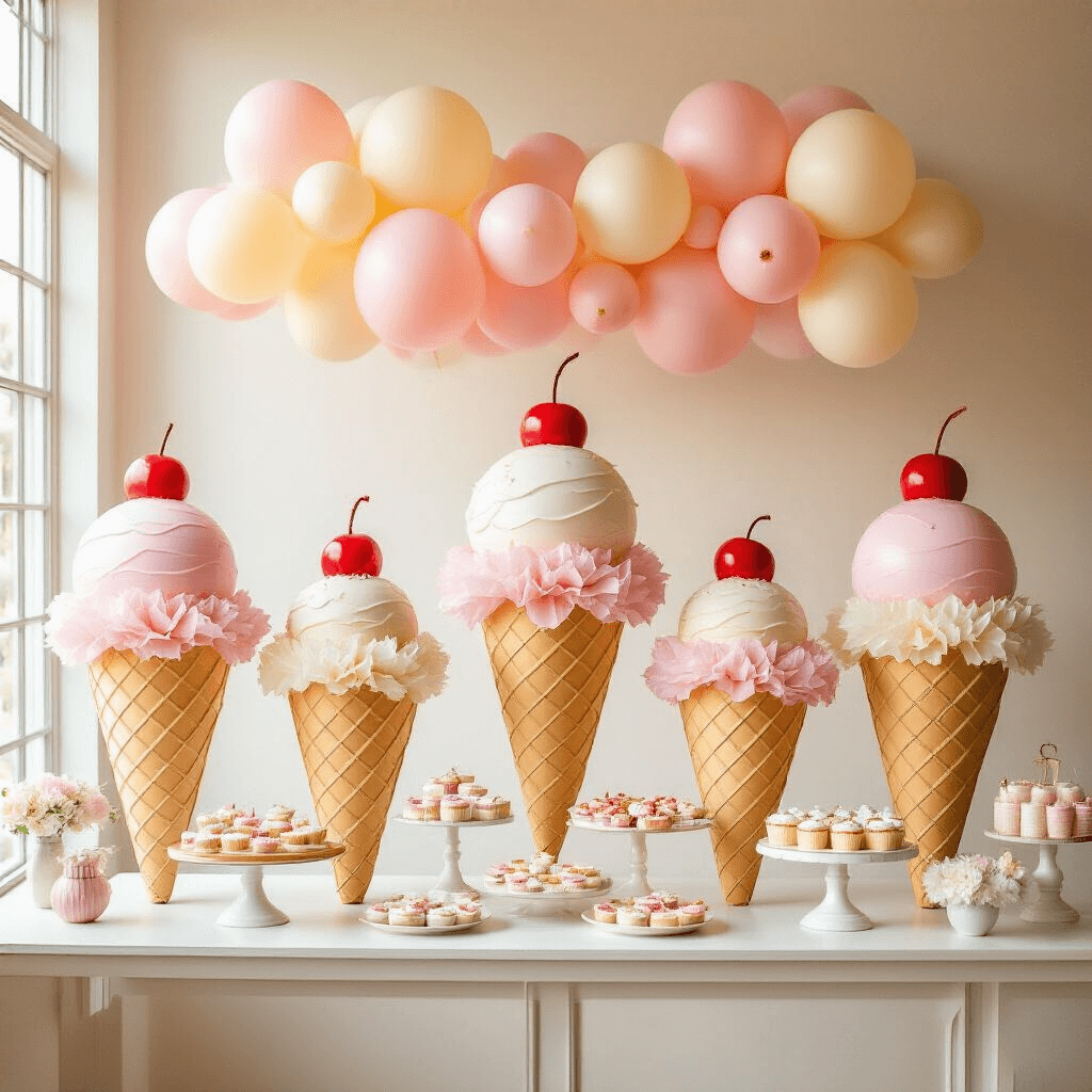 A whimsical indoor party scene featuring a vibrant display of oversized pastel balloon ice cream cones, artfully arranged with tissue paper sprinkles and red pom-pom cherries, set against a white textured wall. The blush pink and cream color palette is enhanced by golden hour sunlight filtering through large windows, illuminating a detailed tabletop with coordinated desserts and elegant decor.